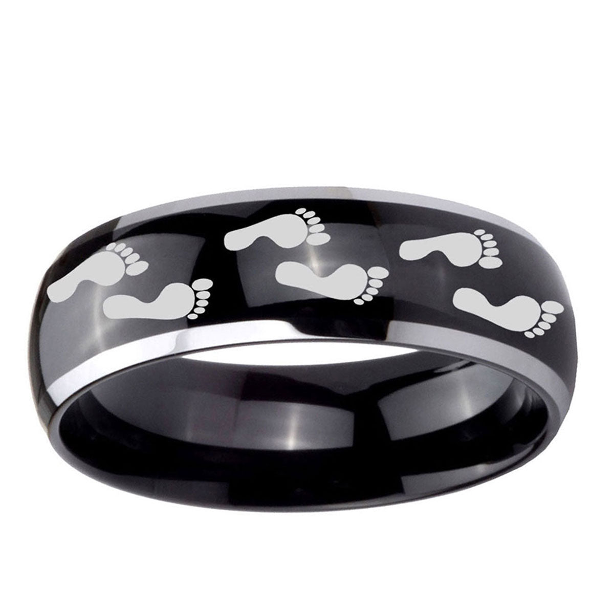 10mm Foot Print Dome Glossy Black 2 Tone Tungsten Carbide Custom Ring for Men
