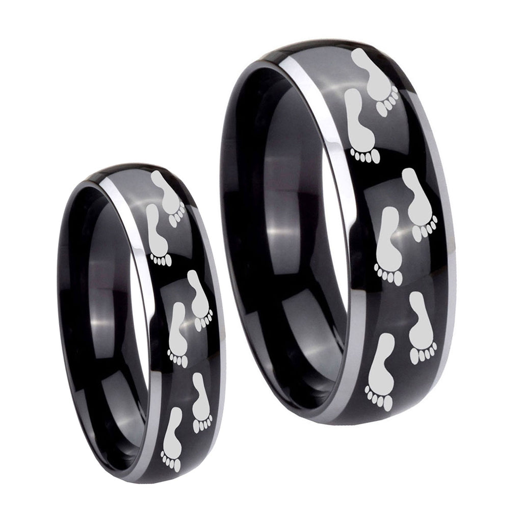 Foot Print Dome Glossy Black 2 Tone Tungsten His And Hers Ring