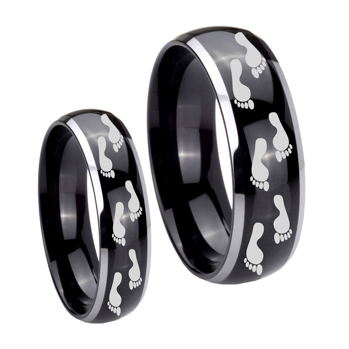 Foot Print Dome Glossy Black 2 Tone Tungsten His And Hers Ring
