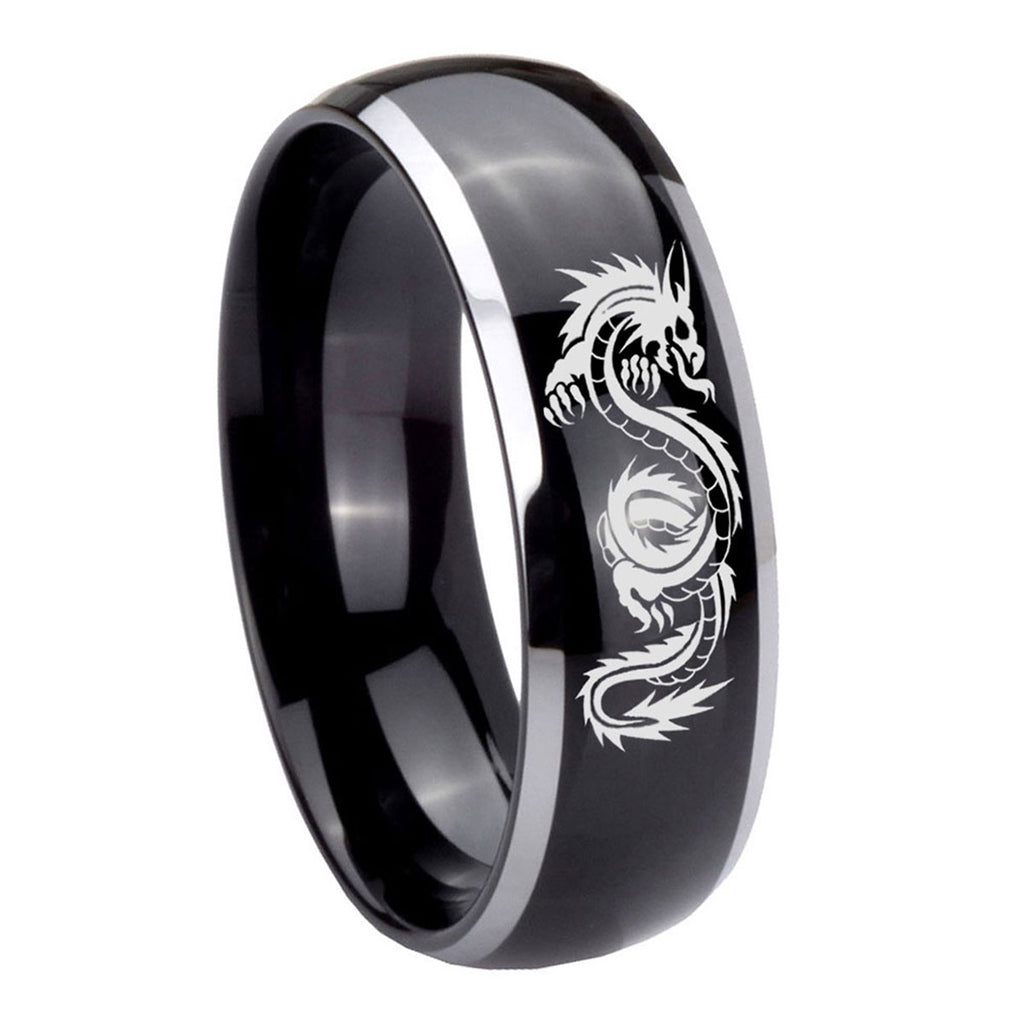 8mm Dragon Dome Glossy Black 2 Tone Tungsten Ring Mens