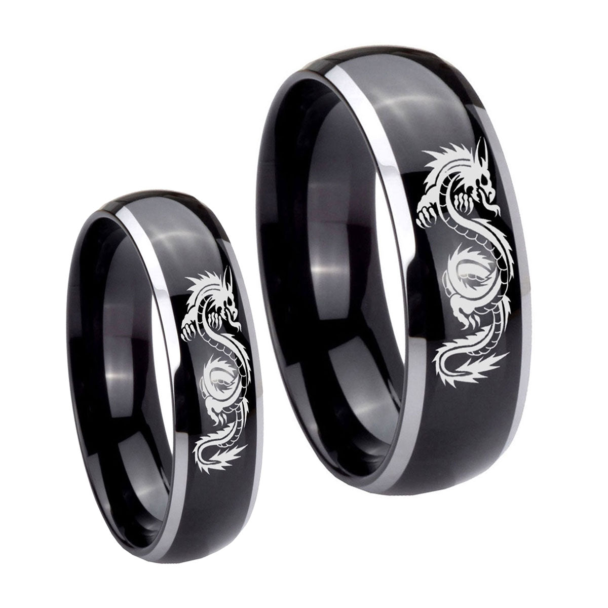 Dragon Dome Glossy Black 2 Tone Tungsten Wedding Set Ring