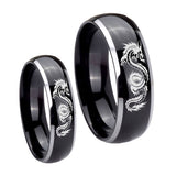 Bride and Groom Dragon Dome Glossy Black 2 Tone Tungsten Men's Bands Ring Set