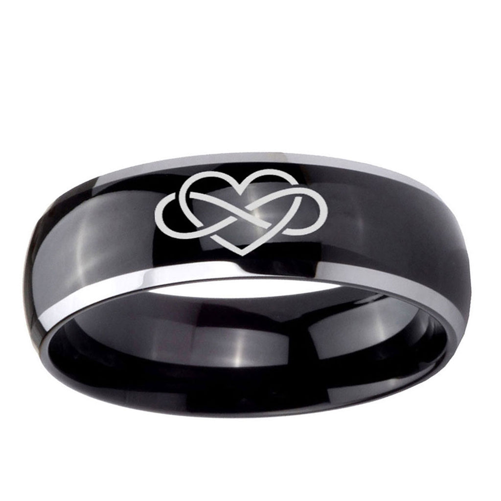 10mm Infinity Love Dome Glossy Black 2 Tone Tungsten Carbide Mens Bands Ring