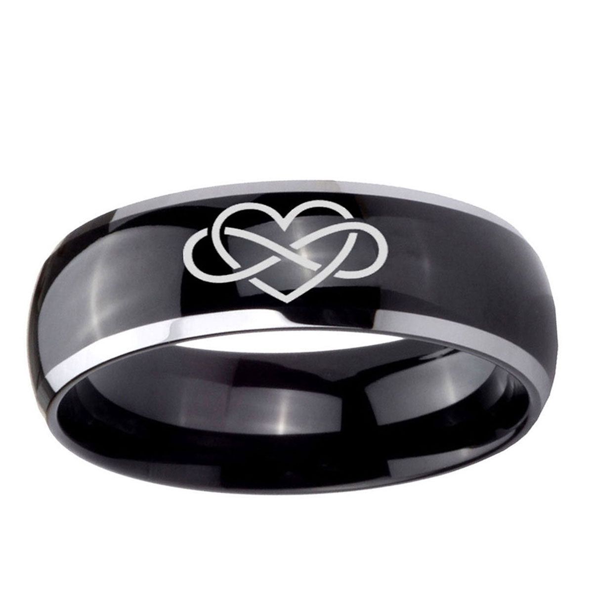 10mm Infinity Love Dome Glossy Black 2 Tone Tungsten Carbide Mens Bands Ring
