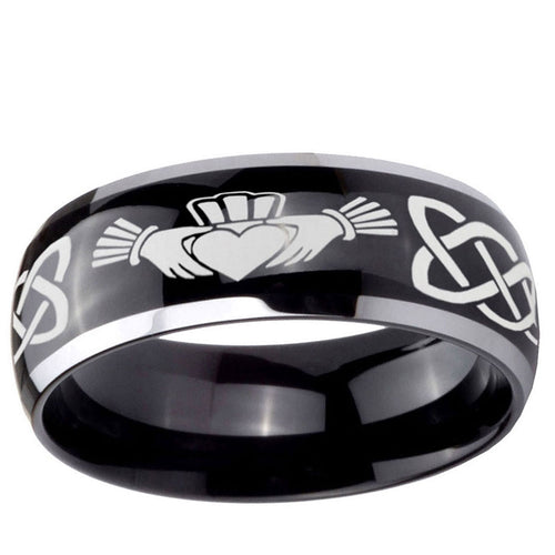 10mm Irish Claddagh Dome Glossy Black 2 Tone Tungsten Ring