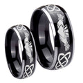 Irish Claddagh Dome Glossy Black 2 Tone Tungsten Promise Ring Set