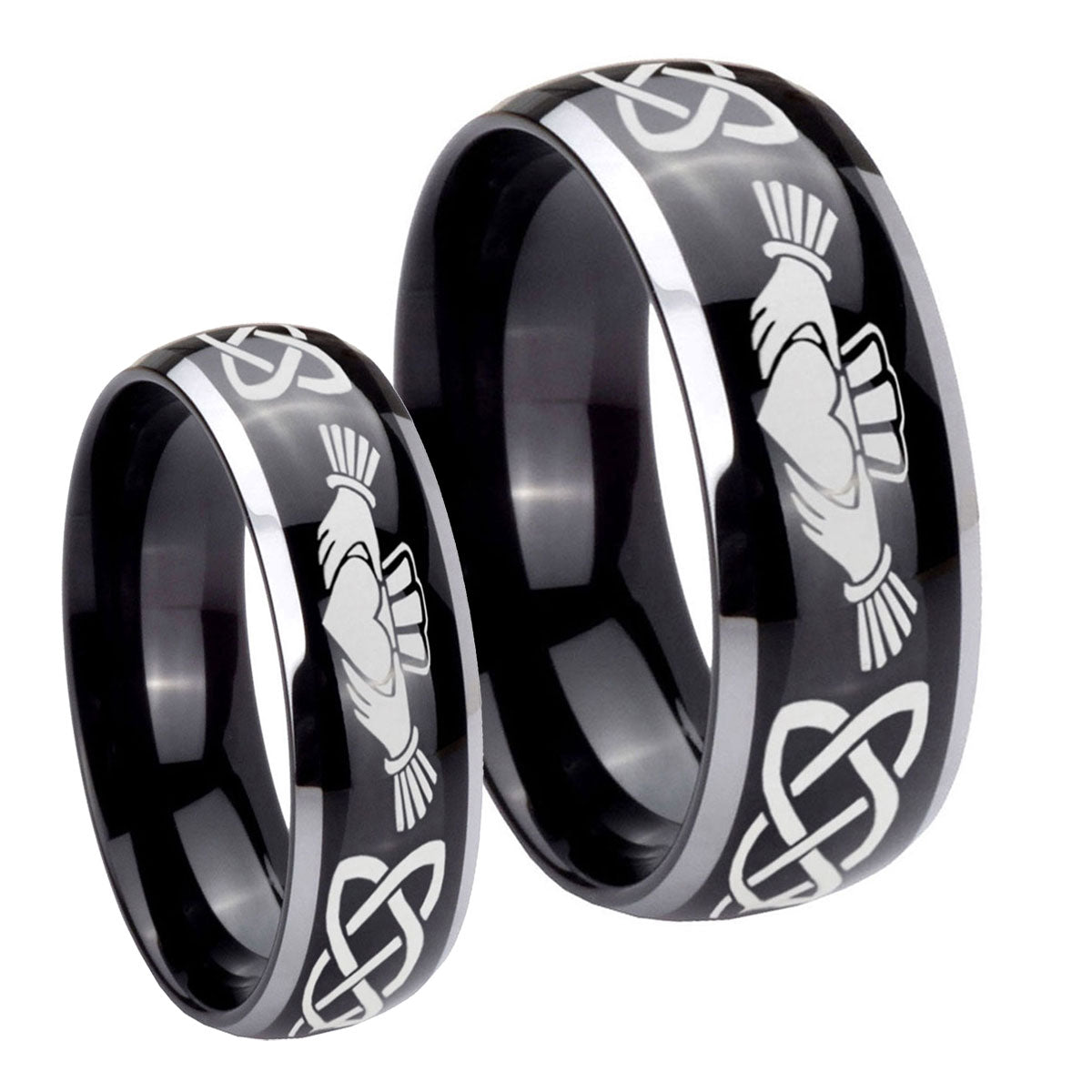 Irish Claddagh Dome Glossy Black 2 Tone Tungsten Promise Ring Set
