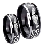 His Hers Irish Claddagh Dome Glossy Black 2 Tone Tungsten Mens Engagement Band Set