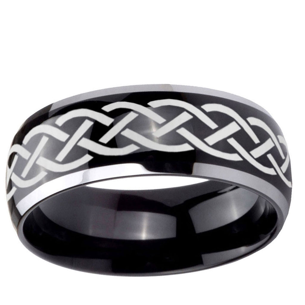10mm Celtic Knot Dome Glossy Black 2 Tone Tungsten Ring