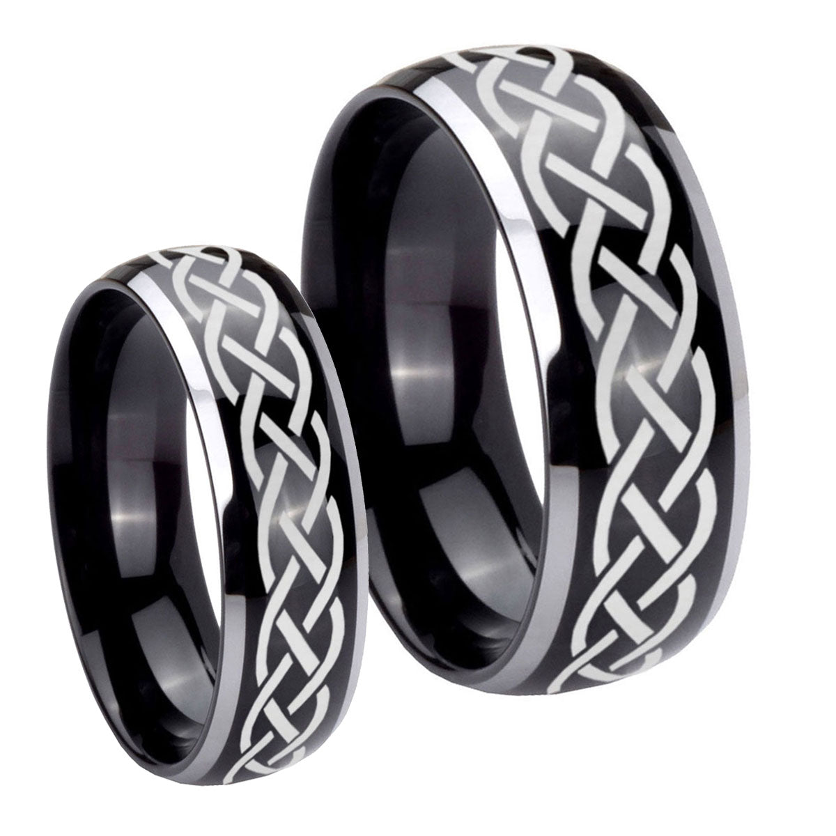 Celtic Knot Dome Glossy Black 2 Tone Tungsten Wedding Band Set