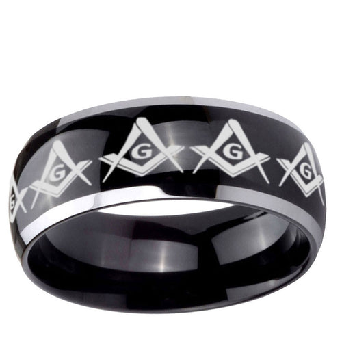 5mm Masonic Square Compass Dome Glossy Black 2 Tone Tungsten Ring