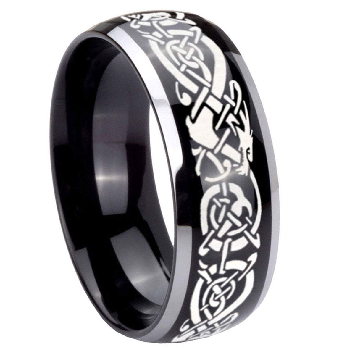 8mm Celtic Knot Dragon Dome Glossy Black 2 Tone Tungsten Band