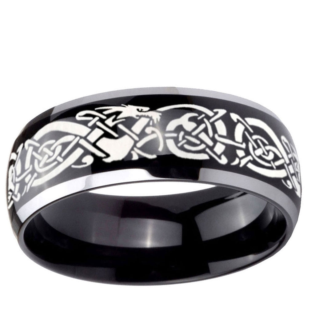 10mm Celtic Knot Dragon Dome Glossy Black 2 Tone Tungsten Mens Promise Ring