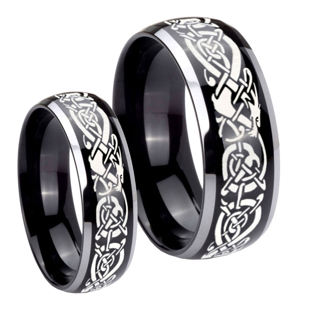 Celtic Knot Dragon Dome Glossy Black 2 Tone Tungsten Bridal Ring Set