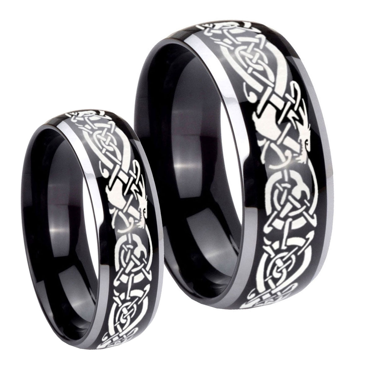 Celtic Knot Dragon Dome Glossy Black 2 Tone Tungsten Bridal Ring Set