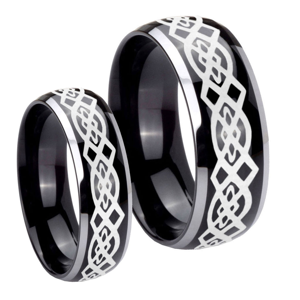Celtic Knot Dome Glossy Black 2 Tone Tungsten His and Hers