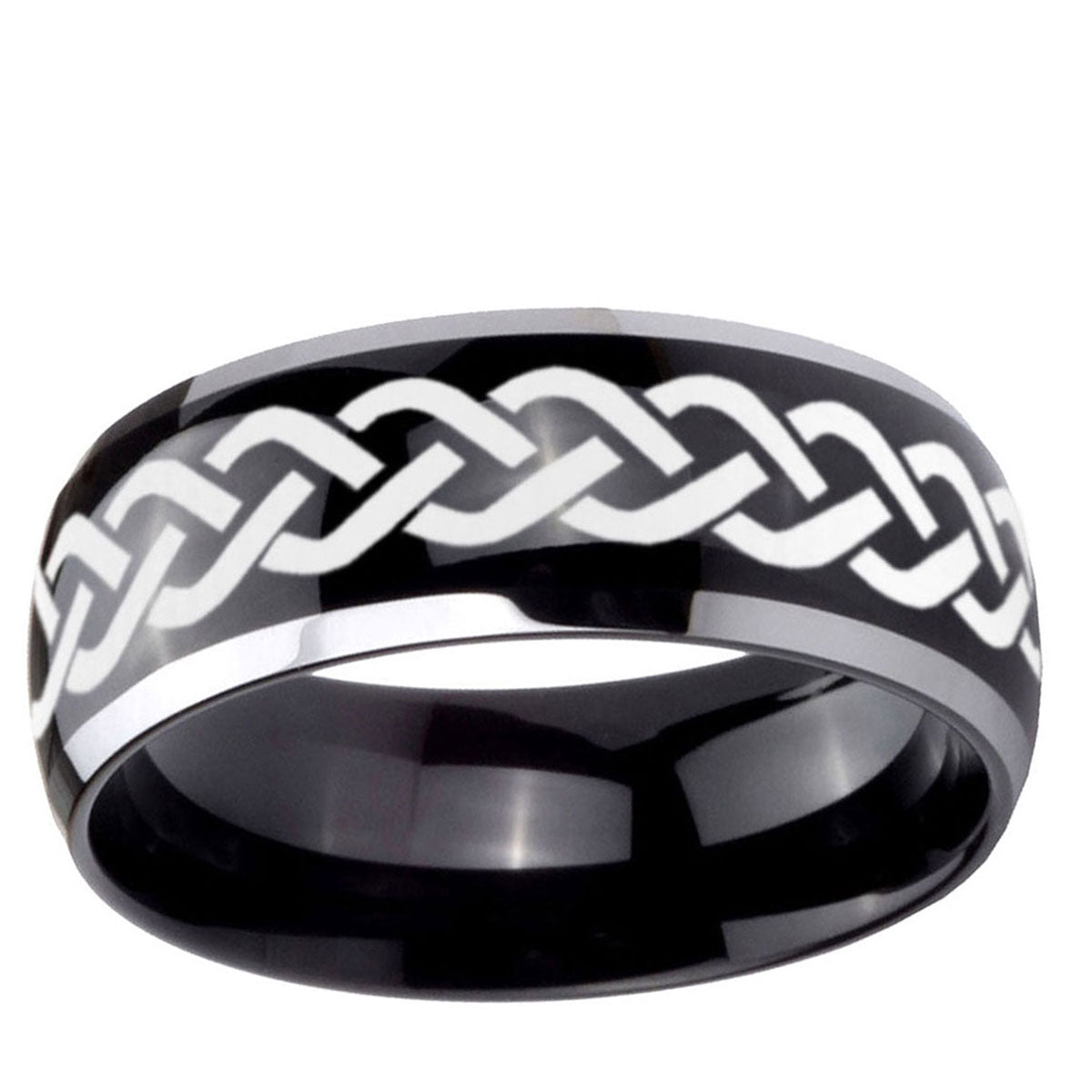 10mm Laser Celtic Knot Dome Glossy Black 2 Tone Tungsten Ring