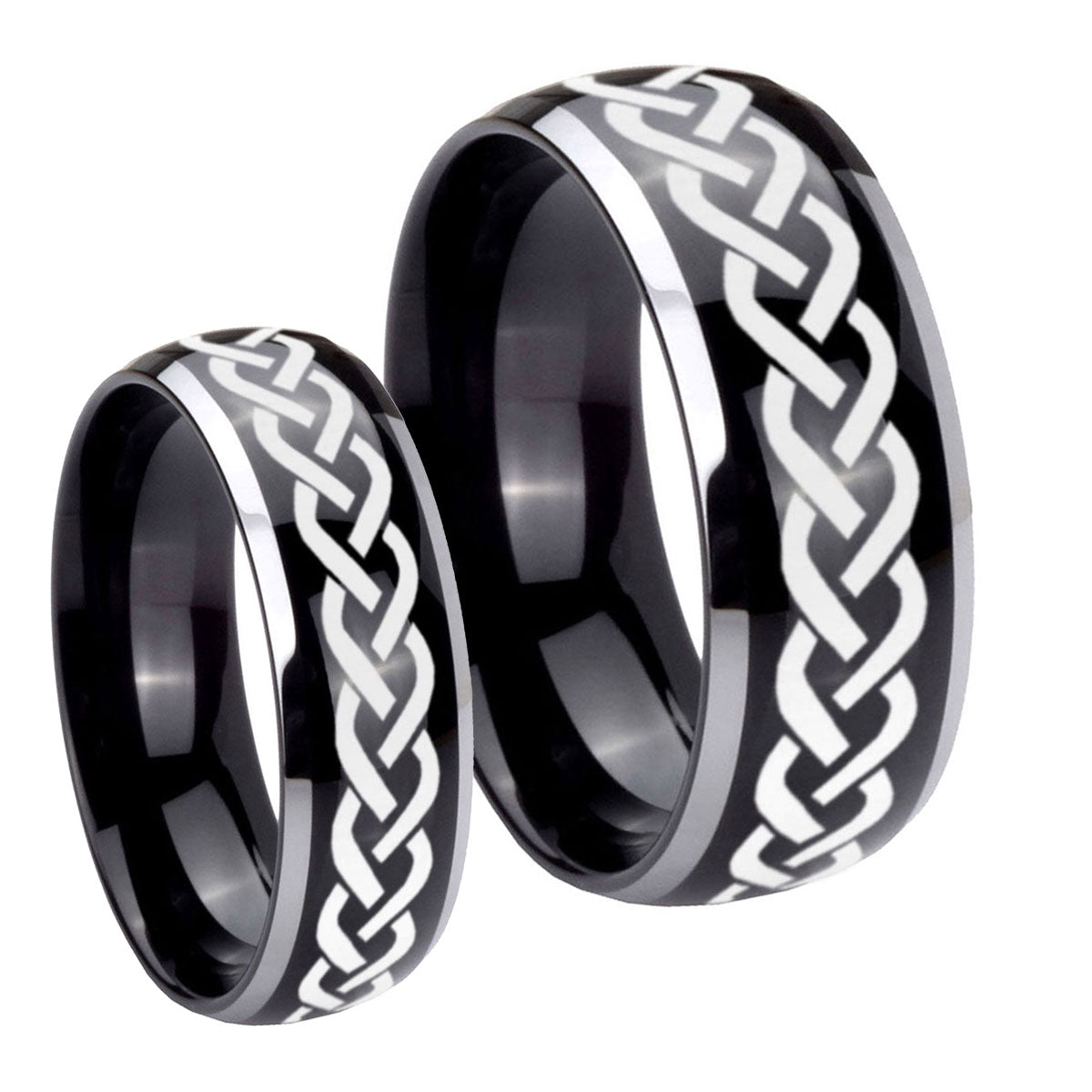 Laser Celtic Knot Dome Glossy Black 2 Tone Tungsten Wedding Ring Sets