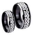 Celtic Knot Love Dome Glossy Black 2 Tone Tungsten Engagement Ring Set