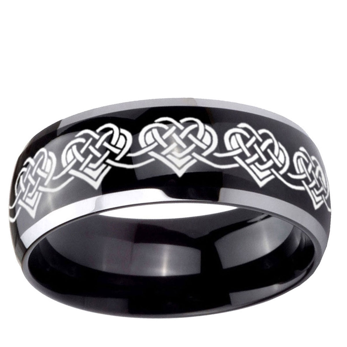 10mm Celtic Knot Heart Dome Glossy Black 2 Tone Tungsten Ring