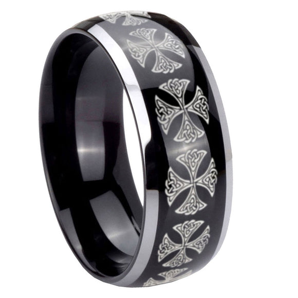8mm-Medieval-Cross-Dome-Glossy-Black-2-Tone-Tungsten-Mens-Wedding-Ring
