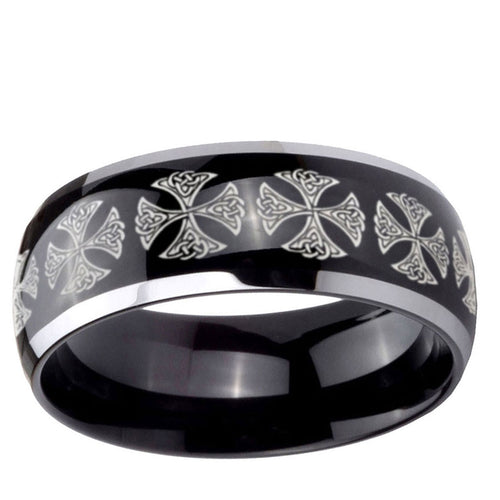 10mm Medieval Cross Dome Glossy Black 2 Tone Tungsten Ring