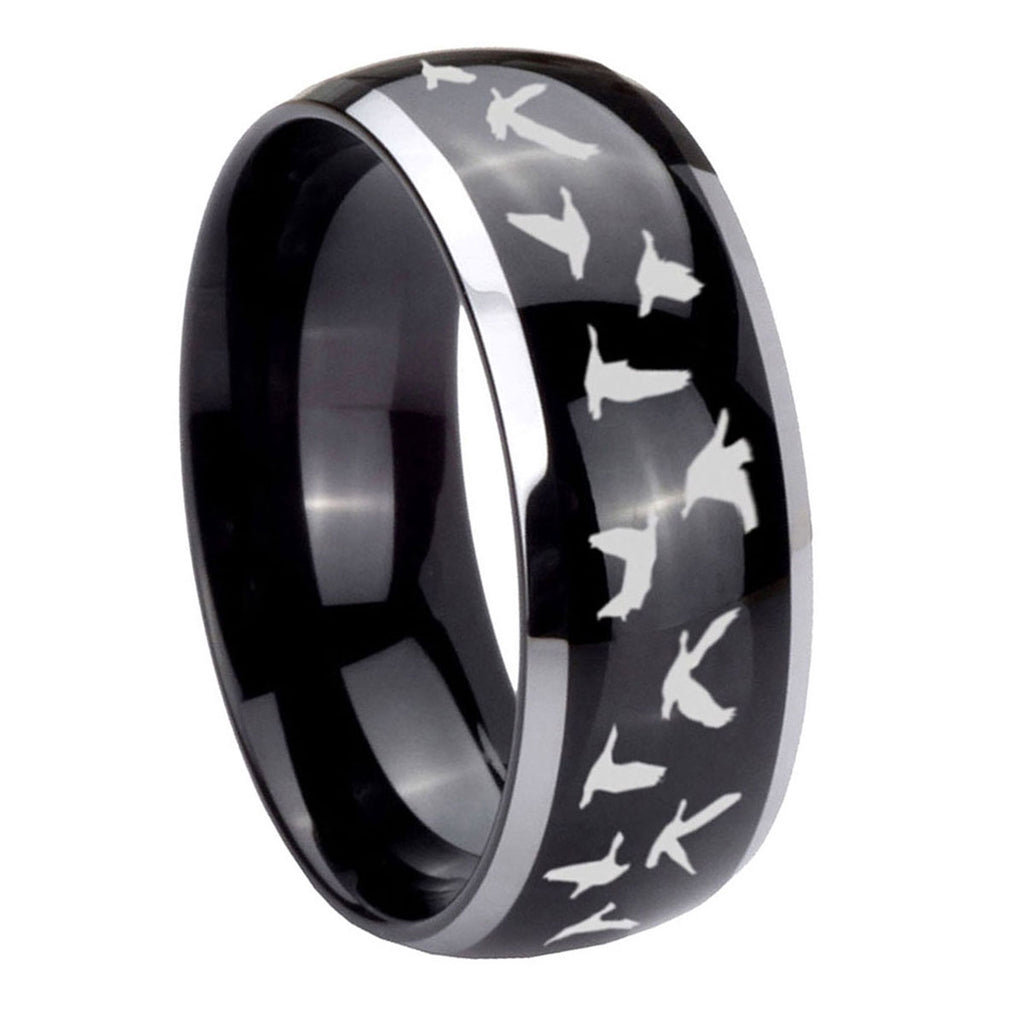 10mm Flying Geese Hunting Dome Glossy Black 2 Tone Tungsten Carbide Engraved Ring