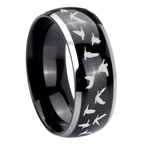 10mm Flying Geese Hunting Dome Glossy Black 2 Tone Tungsten Carbide Engraved Ring
