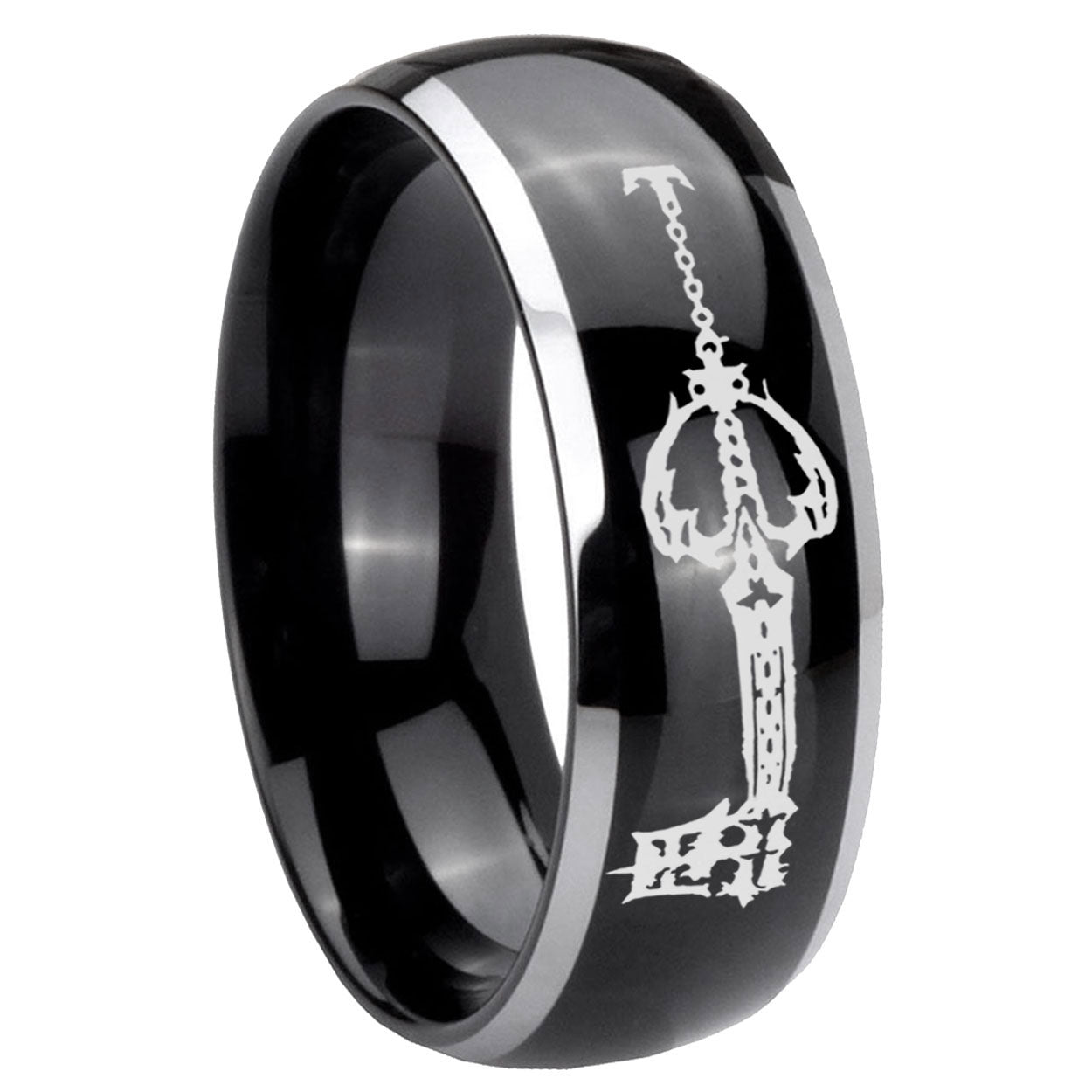 8mm kingdom heart keyblades Dome Two Tone Black Mens Tungsten Ring