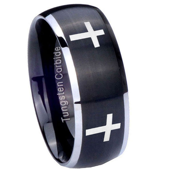 8mm-Crosses-Dome-Brushed-Black-2-Tone-Tungsten-Carbide-Mens-Ring-Personalized