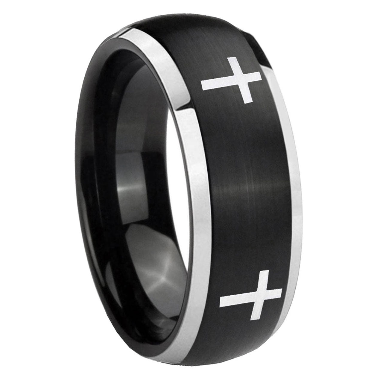 8mm Crosses Dome Brushed Black 2 Tone Tungsten Ring