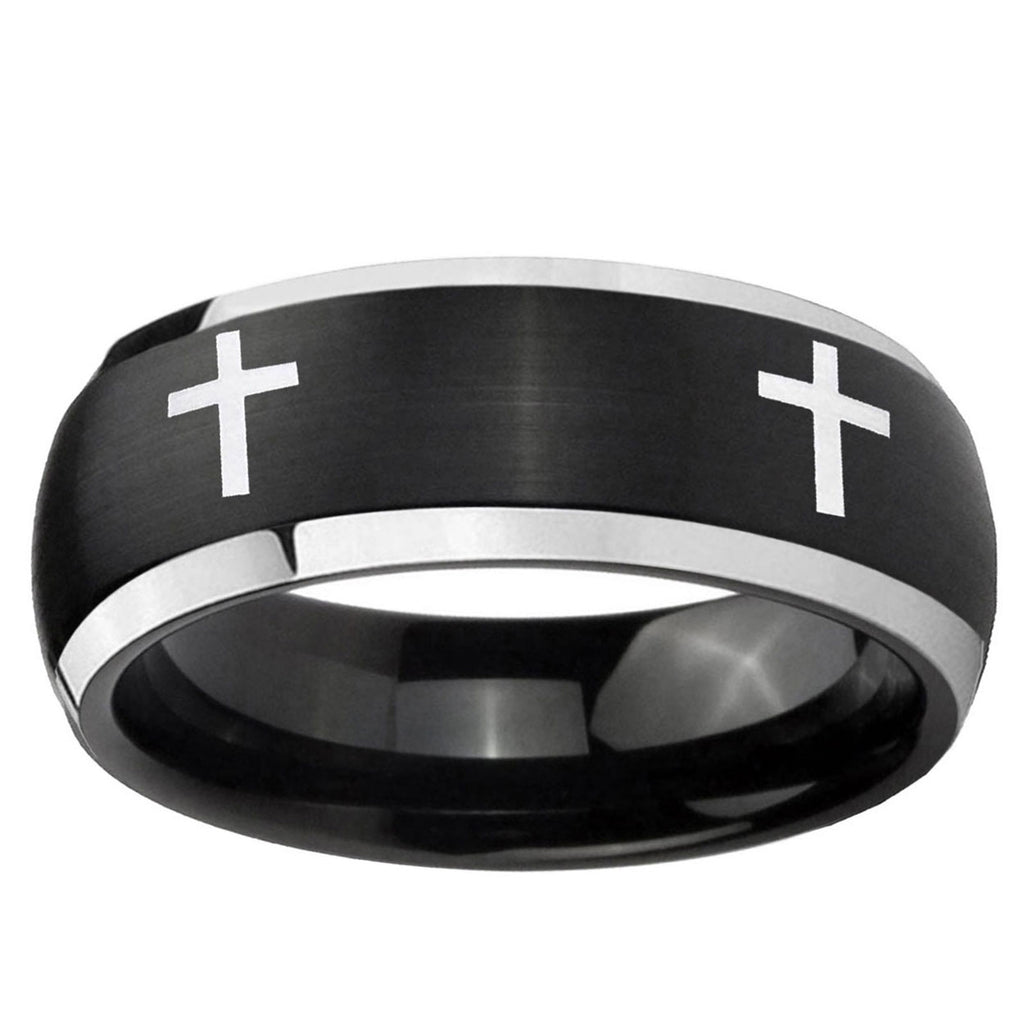 5mm Crosses Dome Brushed Black 2 Tone Tungsten Ring