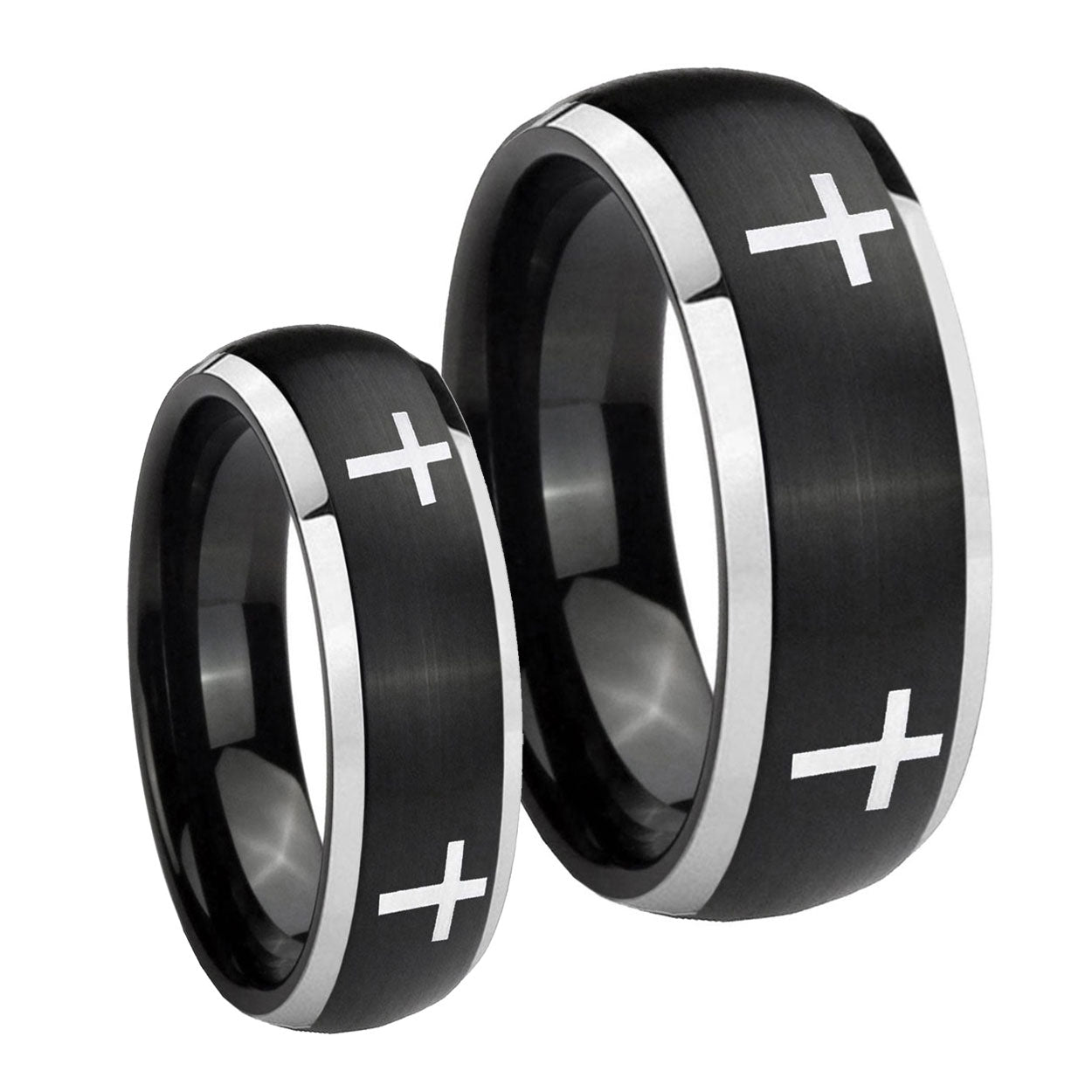 Crosses Dome Brushed Black 2 Tone Tungsten Bridal Set Ring