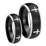 His Hers Crosses Dome Brushed Black 2 Tone Tungsten Mens Wedding Ring Set
