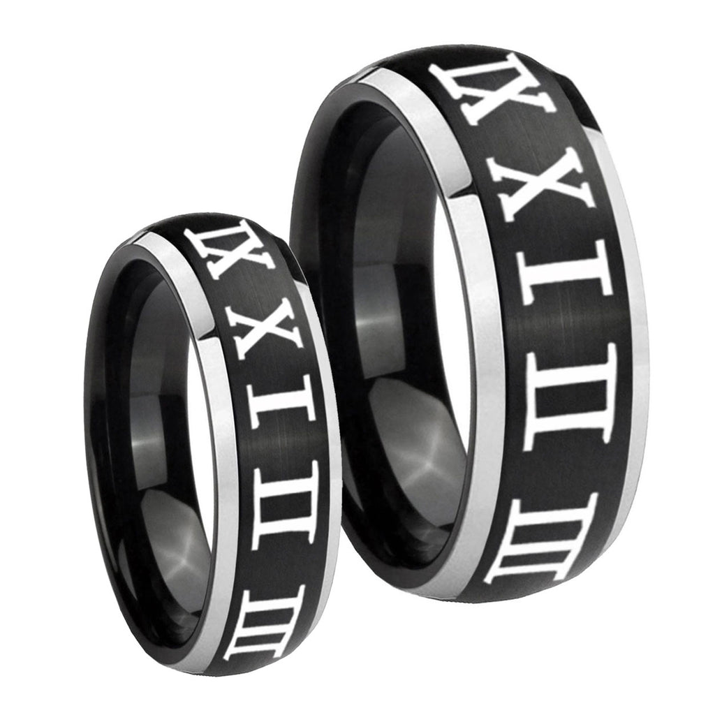 Roman Numeral Dome Brushed Black 2 Tone Tungsten Couple Wedding Bands