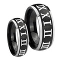 Roman Numeral Dome Brushed Black 2 Tone Tungsten Couple Wedding Bands