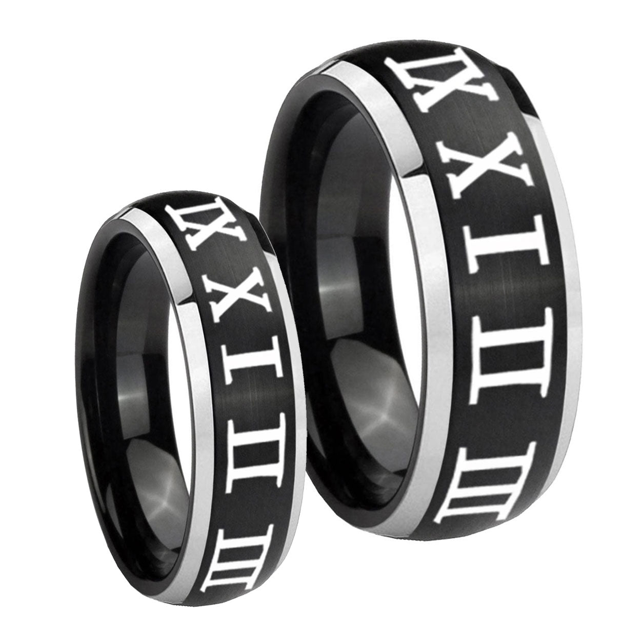 Roman Numeral Dome Brushed Black 2 Tone Tungsten Couple Wedding Bands