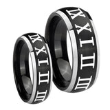 His Hers Roman Numeral Dome Brushed Black 2 Tone Tungsten Men's Ring Set