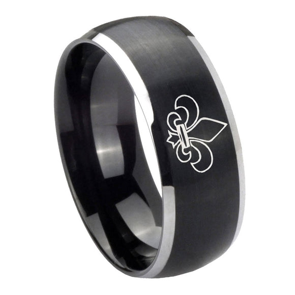 8mm-Fleur-De-Lis-Dome-Brushed-Black-2-Tone-Tungsten-Custom-Mens-Ring