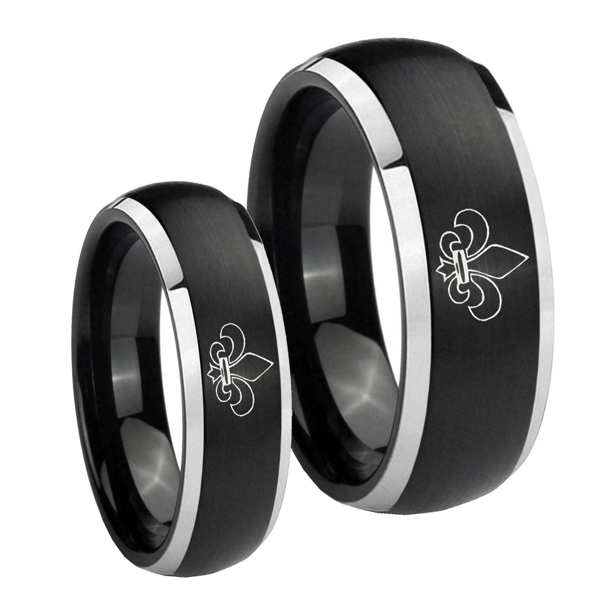 Fleur De Lis Dome Brushed Black 2 Tone Tungsten Matching Ring Set