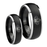 His Hers Fleur De Lis Dome Brushed Black 2 Tone Tungsten Engraved Ring Set