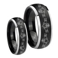Irish Claddagh Dome Brushed Black 2 Tone Tungsten Wedding Set Rings