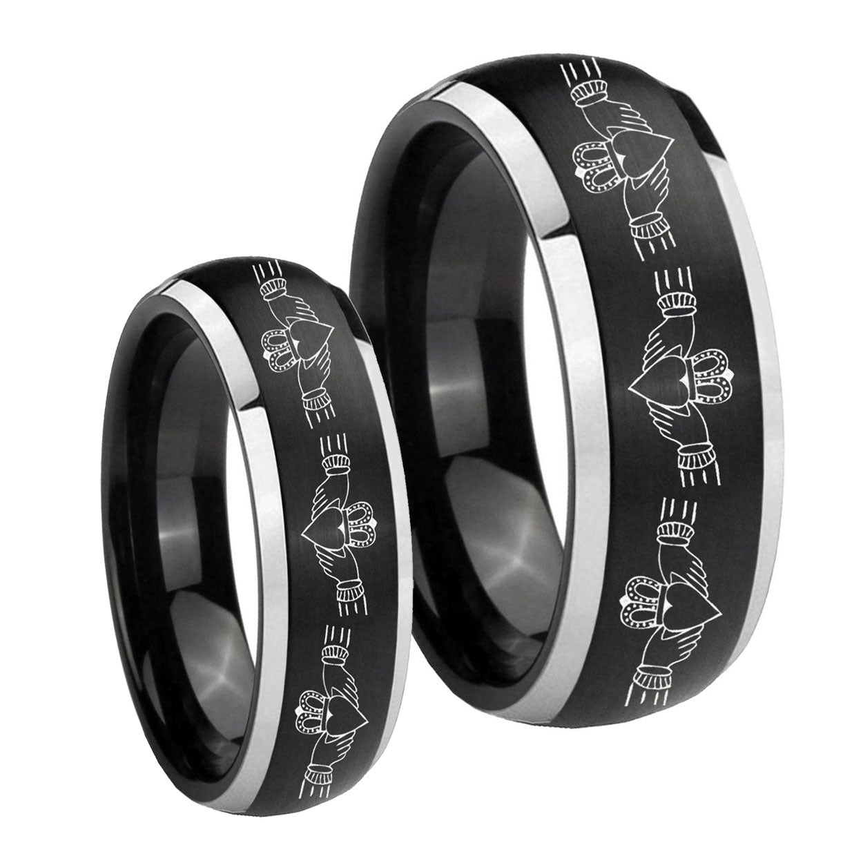 Irish Claddagh Dome Brushed Black 2 Tone Tungsten Wedding Set Rings