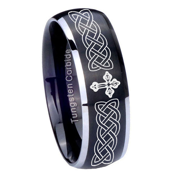 8mm-Celtic-Cross-Dome-Brushed-Black-2-Tone-Tungsten-Carbide-Men's-Promise-Rings