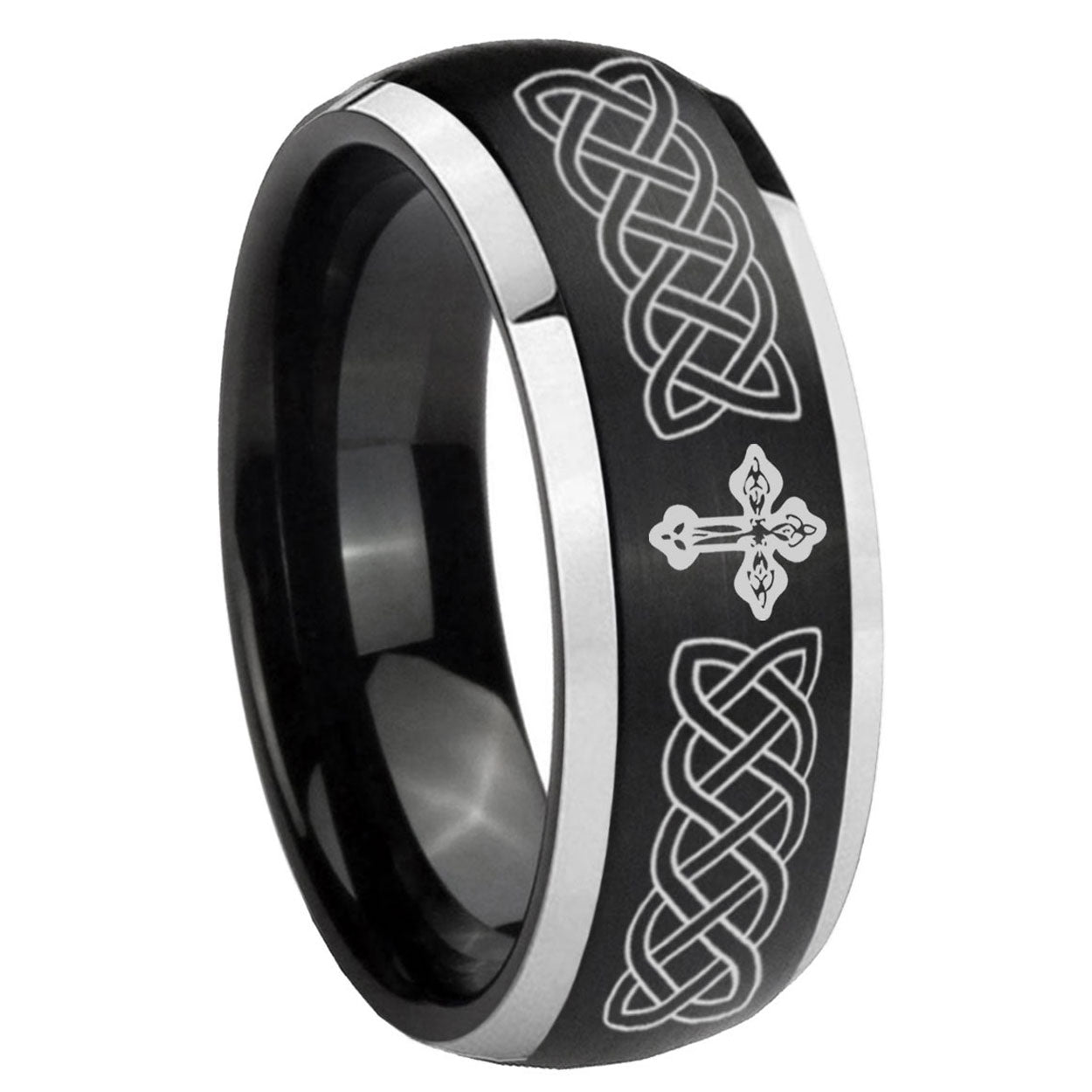 8mm Celtic Cross Dome Brushed Black 2 Tone Tungsten Ring