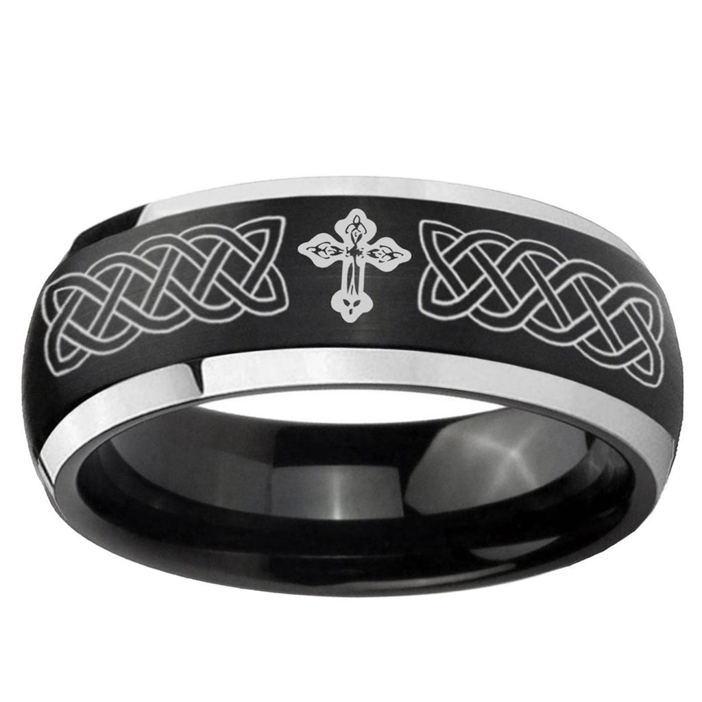 5mm Celtic Cross Dome Brushed Black 2 Tone Tungsten Ring