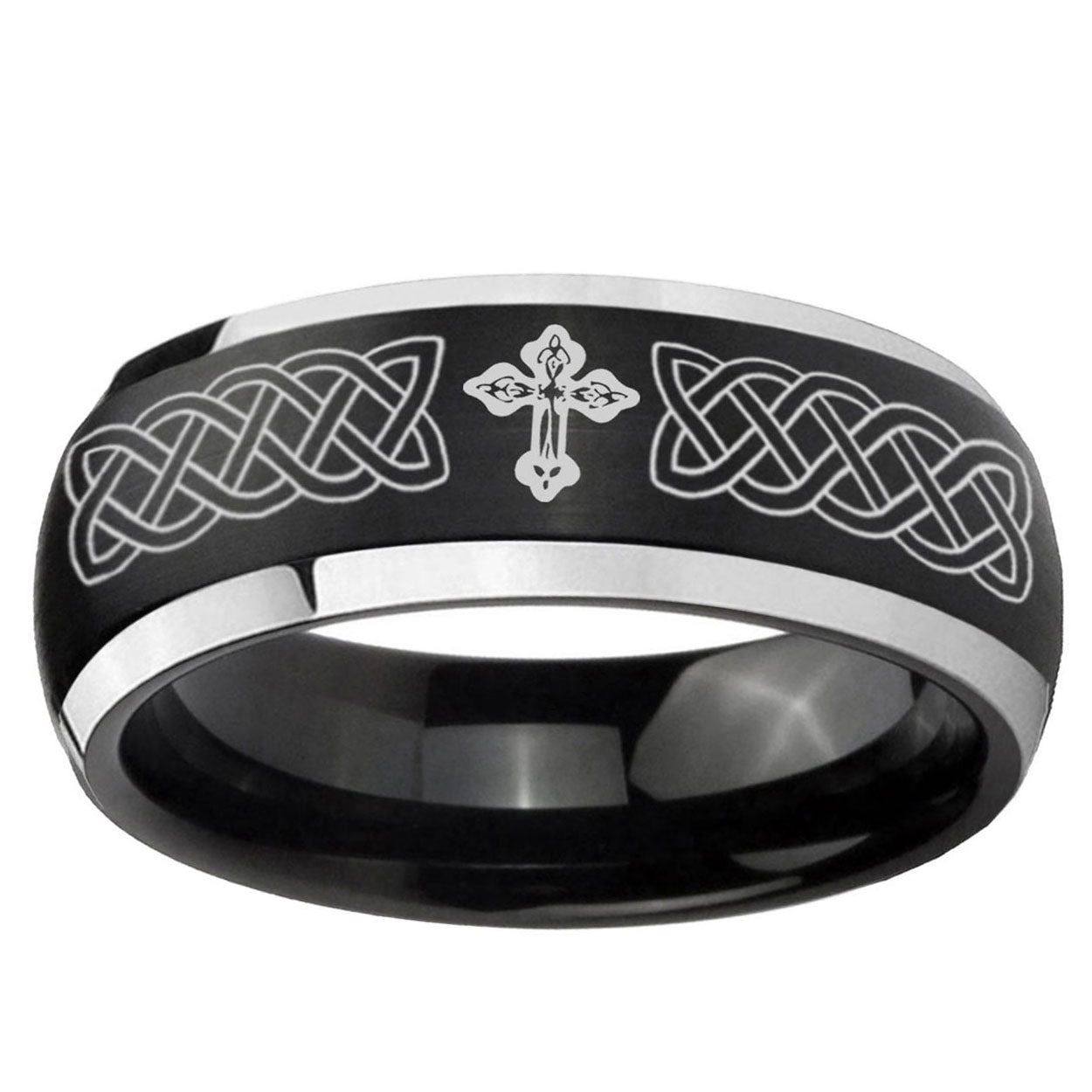 5mm Celtic Cross Dome Brushed Black 2 Tone Tungsten Ring