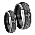 Celtic Cross Dome Brushed Black 2 Tone Tungsten Bridal Ring Set