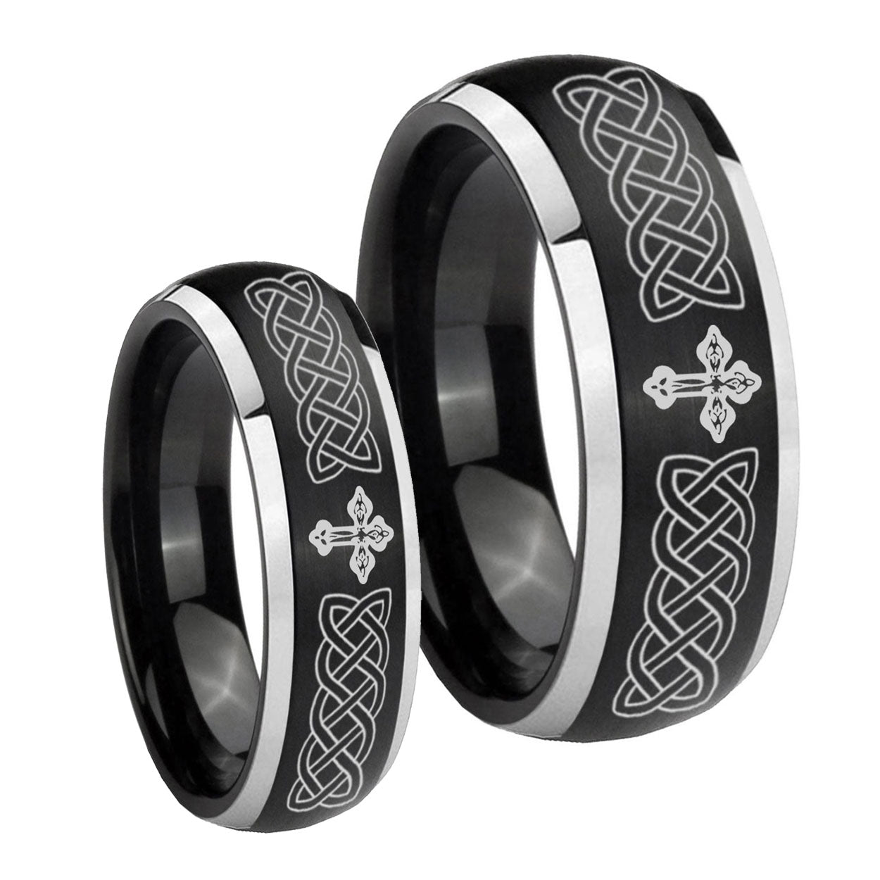 Celtic Cross Dome Brushed Black 2 Tone Tungsten Bridal Ring Set