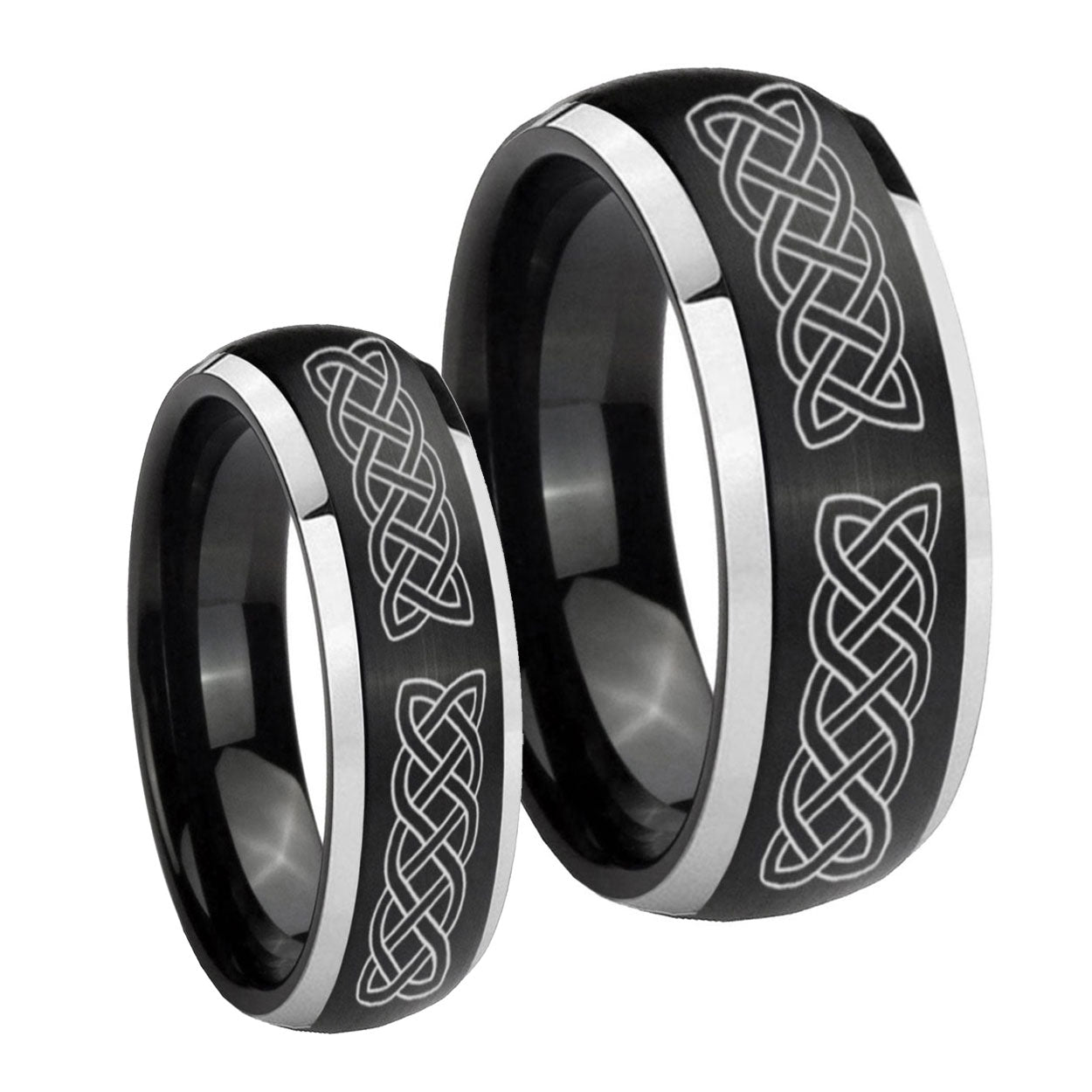 Celtic Knot Dome Brushed Black 2 Tone Tungsten Couple Wedding Bands